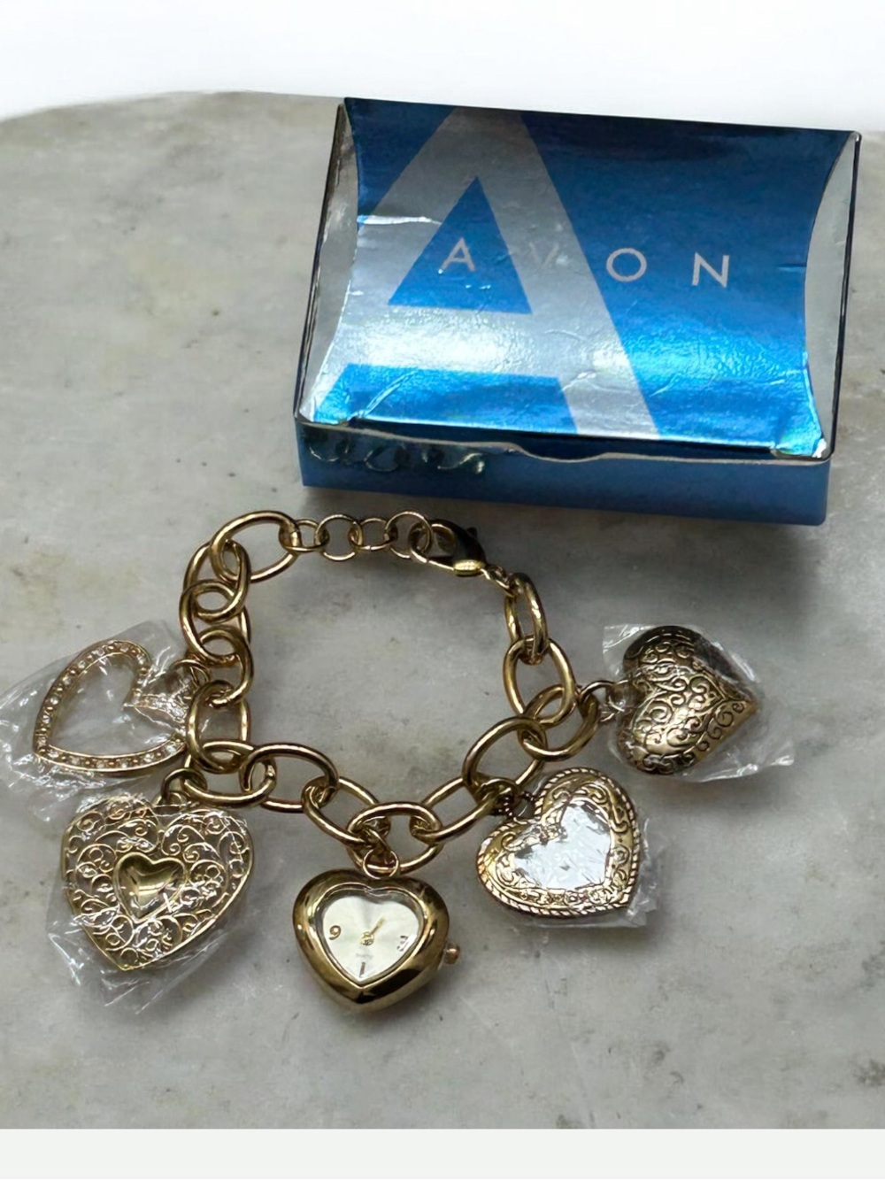 Avon New Old Stock Gold-Tone Heart Charm Bracelet Charm Watch - Gold tone